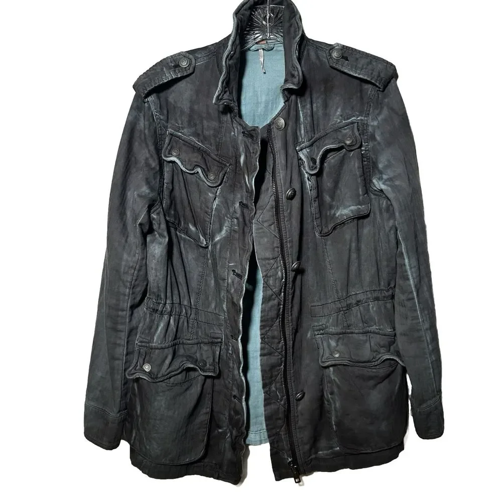 Free People Double Cloth Jacket Military Drawstring Jacket Womens XS Blue Gray